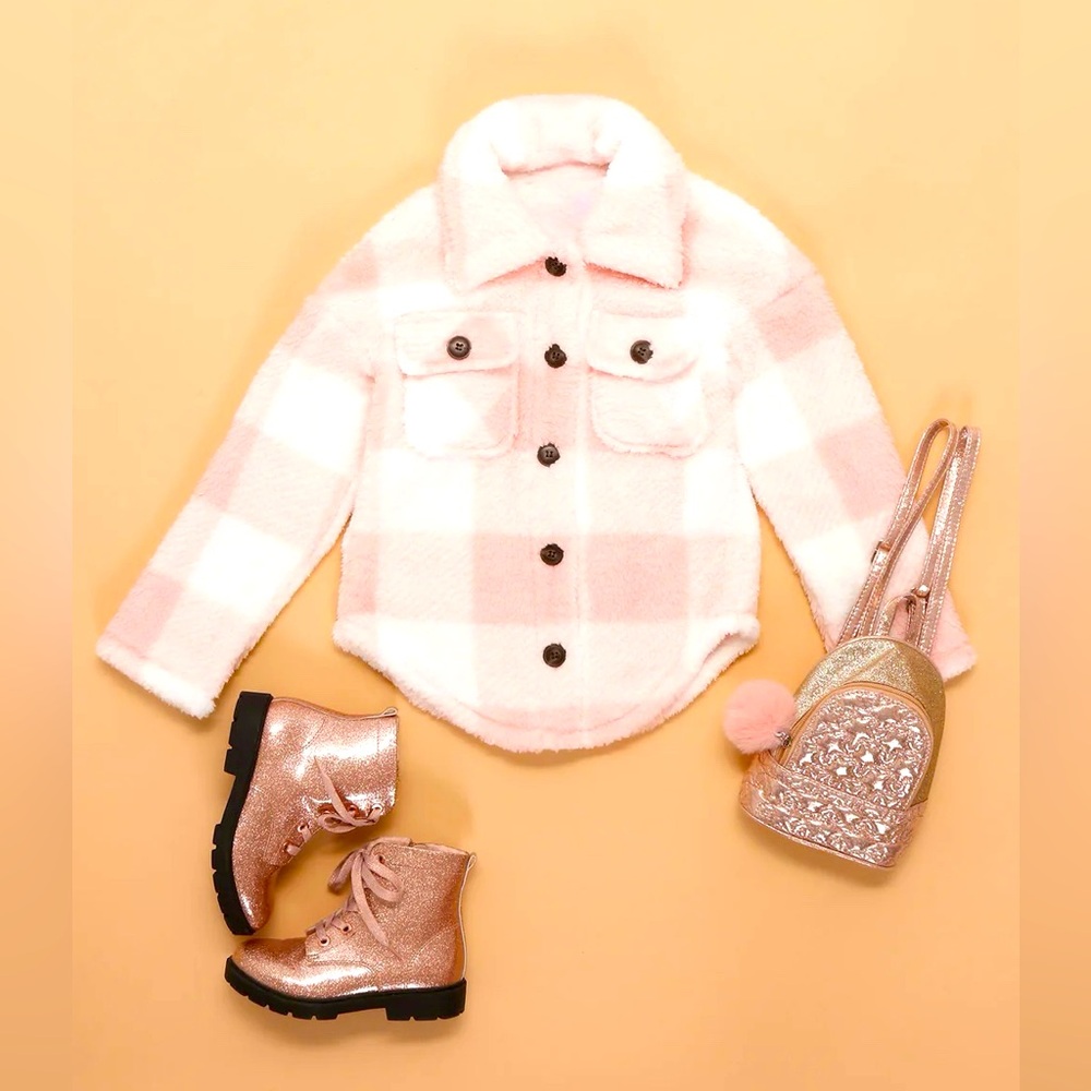 Fashion Nova Kids Sherpa Shacket Plaid Blush/Combo-NWT
